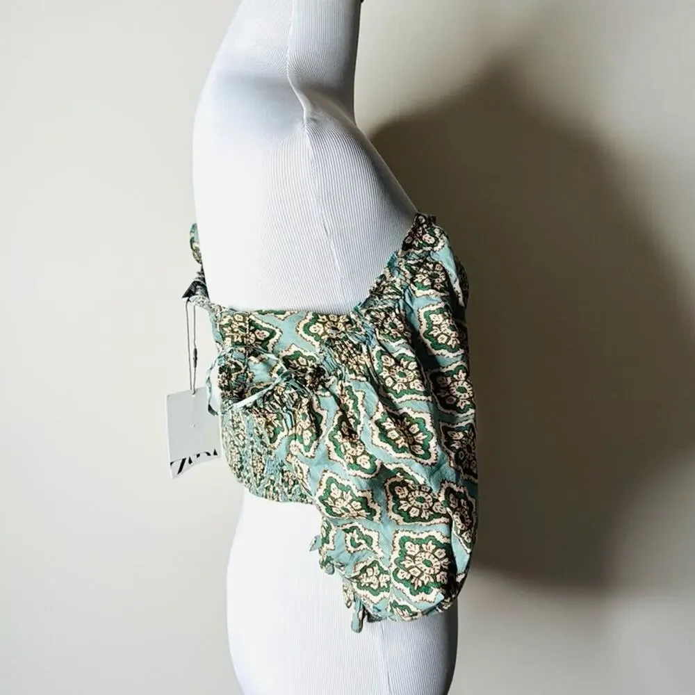 Zara Green Patterned Smocked Puff Sleeve Crop Top